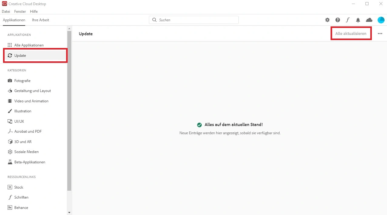 Aktualisierung der installierten Creative Cloud Anwendungen